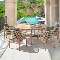 Ensemble de table et chaises de jardin en teck naturel tressé avec ruban d'oléfine, mobilier de patio en bois dur de qualité supérieure