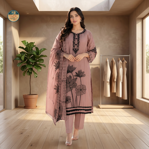 Hermosos trajes de kurta y pantalón bordados en rosa polvoriento y dupatta floral negro, elegantes conjuntos de salwar kameez pakistaníes para fiestas, para damas. - Product Image 3