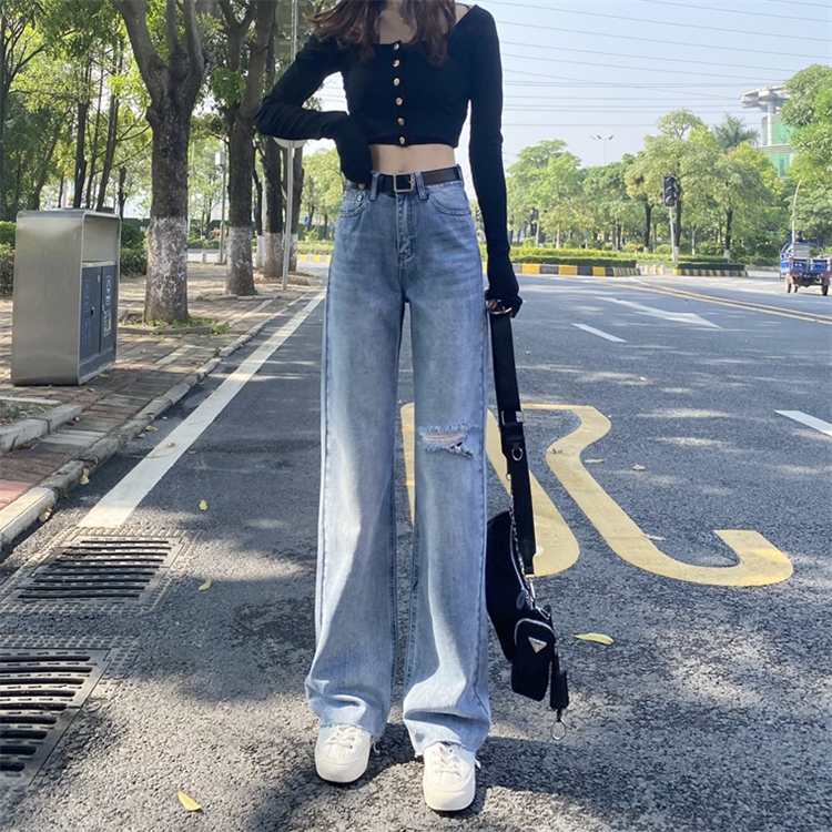 New Arrivals Fashion Loose Light Blue Denim Pants Wide Leg Ripped Jeans For Women