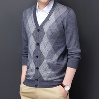 Cardigan en tricot jacquard à col en V pour homme, à boutons, manches longues, deux poches latérales, coupe classique, pour le travail, automne-hiver, pull chaud