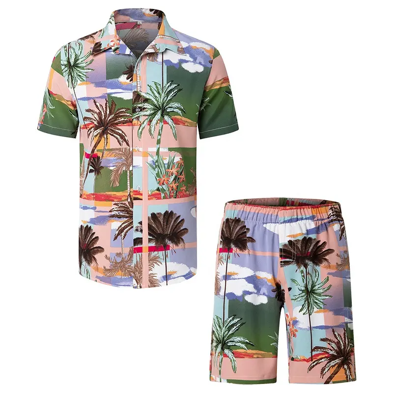 Nuevo verano Hawaii hombres playa conjunto corto completo Allover impresión playa suelta botón Arriba camisetas y pantalones cortos conjunto