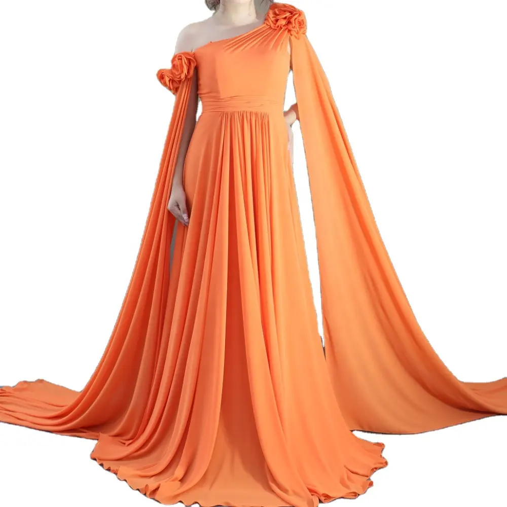 Gaun panjang wanita, syal Satu bahu motif bunga tidak beraturan gaya pesta pola Solid sifon