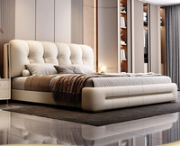 Lit double/grand lit moderne et minimaliste en cuir, avec rangement haut réglable, style crème, pour chambre principale, design italien minimaliste