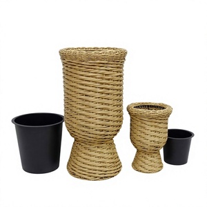 Ensemble de pots de fleurs en plastique très vendus, style rustique pour l'intérieur, jardinières pour la décoration de la maison avec un design en tressage circulaire - Product Image 2