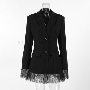 Haut de costume pour femme à manches longues, style blazer, uni, tissé, avec empiècements en dentelle noire et fermeture boutonnée - Product Image 6