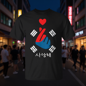 T-shirt Saranghae K Pop avec motif cœur, drapeau coréen et Hangul - Product Image 3
