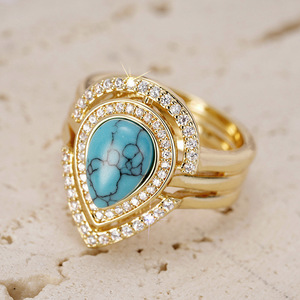 T0041 Women's 18K Solid <b>Gold</b> Cocktail <b>Ring</b> With <b>Turquoise</b> Water Drop Pave Setting Round Brilliant Cut Diamonds Fine Jewelry - Product Image 5