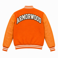 Veste universitaire orange personnalisée, fabricant OEM ODM, corps en laine, manches en cuir, plusieurs patchs, marque privée, vente en gros