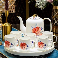 Set Teh Keramik Bunga Peony Berbingkai Emas Mewah 8 Buah, Set Cangkir Kopi dan Piring dari Fine Bone China, Hadiah Pernikahan untuk Pengantin, Kelas Atas