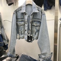 Nouveau design Slim Fit Diamond Rivet Long Sleeve Ripped Crop Jean Coat Tops Women's Streetwear Jacket
