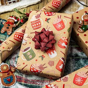 Christmas Wrapping Paper Roll Reversible Kraft Holiday <b>Mugs</b> Design 46.8 Square Feet Gift Craft Packaging - Product Image 5