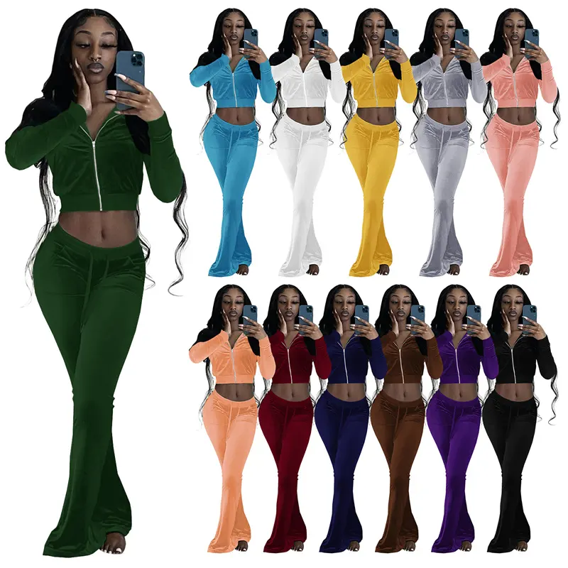 Xs Größe Velvet Flare Pants Set Lässige Frauen Herbst Outfits Langarm Custom Logo Trendy Crop Top und Hosen Solid Zweiteiler Set