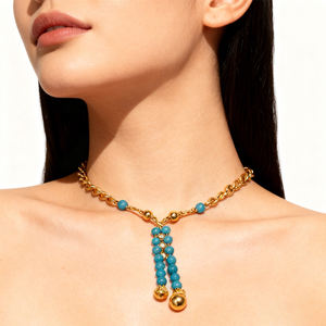 Minimalist Handmade Copper Alloy 24k Gold Plated Hamsha Beaded Faceted Tiny Apatite Gemstone <b>Beads</b> Trendy Short Chains Chain - Product Image 2