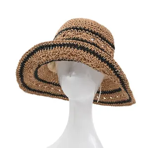 2024 Wholesale Beach Wide Brim Floppy Sun Hat Summer Hollow out Breathable UPF50+ Stripe Hand Woven Packable Straw Hat for Women