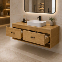 Meuble-lavabo mural moderne pour salle de bain, finition grain de bois, étagère ouverte en option, lavabo à poser, mobilier de salle de bain personnalisé OEM