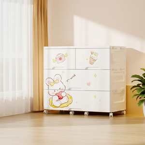 3-stöckiger Cartoon-Kinderzimmerschrank aus Kunststoff, faltbarer Kleiderschrank für Babys mit Schubladen und Rollen, Spielzeugschrank für Kinder - Product Image 1