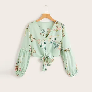 Новое поступление, летние женские рубашки с глубоким v-образным вырезом и цветочным принтом, укороченная блузка с длинным рукавом