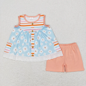 Ensemble 2 pièces d'été pour filles : Hauts tunique sans manches à imprimé fleurs et citrons avec poches et shorts à volants pour enfants - Product Image 6