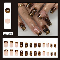 24 Faux Ongles Carrés Marron Foncé Style Français Effet Estompé, à Presser ou Coller pour Doigts Artificiels
