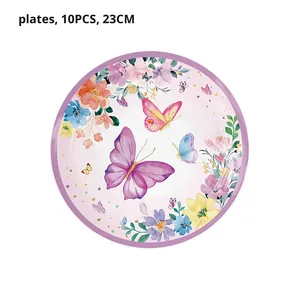 Hiện đại màu Tím bướm chủ đề mùa xuân bên Bộ đồ ăn thiết lập bao gồm giấy tấm khăn giấy giấy ly Khăn trải bàn cờ - Product Image 2