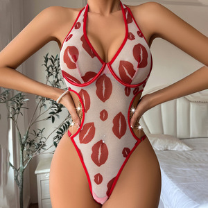 King Mcgreen Star <span class=keywords><strong>Sexy</strong></span> <span class=keywords><strong>Red</strong></span> Lip Print Lingerie Bodysuit Mujeres Hollow Out Metal Chain Backless Open Crotch See-Through Jumpsuit - Product Image 3