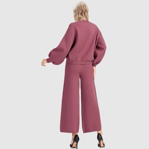 Trend Solid Color Cotton Knitted Lantern Sleeve 2 Piece Clothing Sweater Set for Women Fashion - Product Image 5