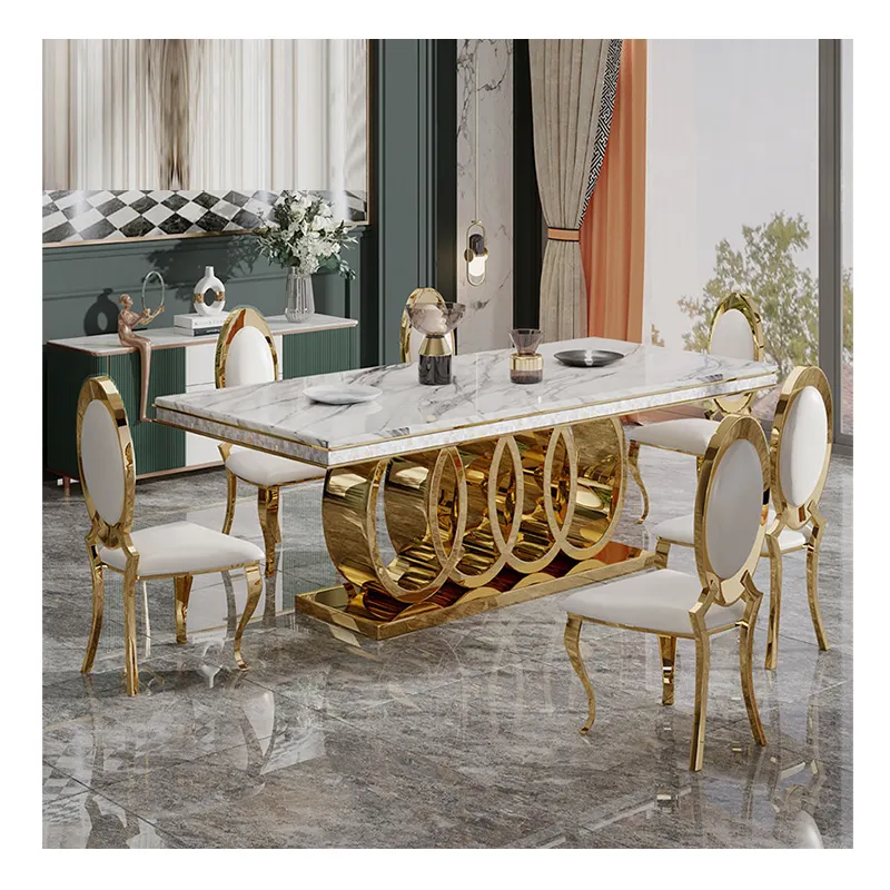 Conjunto de mesa de jantar com tampo de mármore e 6 cadeiras de metal para sala de jantar, design Morden