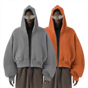 Oversized <b>Men's</b> Hooded <b>Zip</b>-<b>Up</b> Sweatshirt Batwing Sleeve Crop Length Solid Color <b>Fleece</b> hoodie for <b>men</b> - Product Image 1