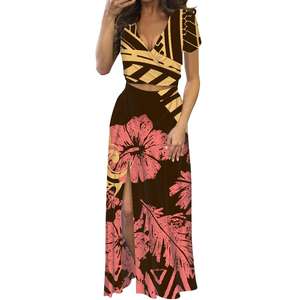 Conjunto de Dos Piezas con Estampado Tribal Geométrico Samoano para Mujer, Top Corto Cruzado con Cuello en V y Falda Maxi con Abertura Lateral, Vestido Tapa de las Islas del Pacífico - Product Image 2