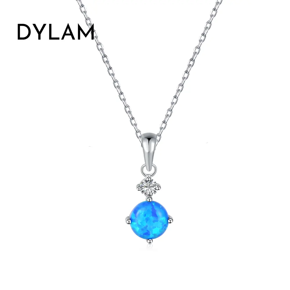 Dylam Essential Silver Accessories Fashion Jewelry White Blue Round Cut Opal Pendant Chain Women 925 Sterling Silver Necklaces