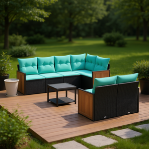 Ensemble de canapés de patio en polyrotin noir avec coussins, 7 places, mobilier d'extérieur, design contemporain, style moderne - Product Image 2