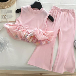 Nuevas niñas Casual sin mangas sólido estambre chaleco conjunto de dos piezas verano nueva moda pantalones acampanados elásticos de moda - Product Image 2