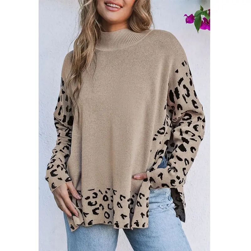 Women Khaki Leopard High Neck Side Slit Oversized Sweater