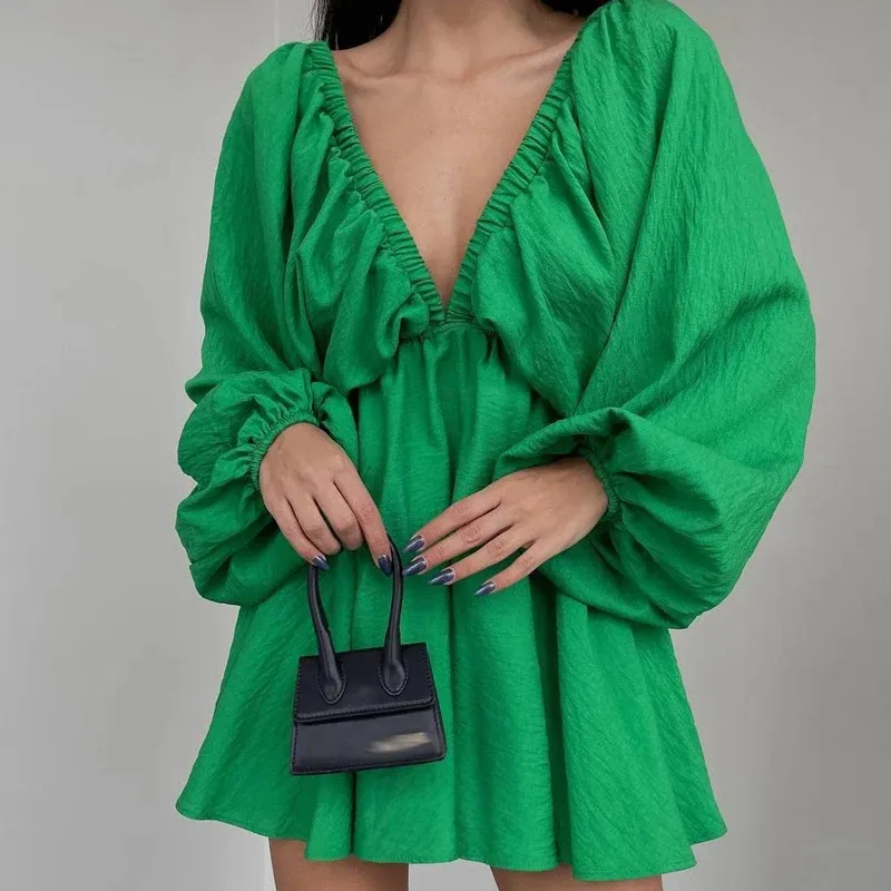 Novo Profundo V Neck Mini Vestido Sexy Clubwear Puff Mangas Compridas Cor Sólida Mergulhando Vestido De Pescoço Aberto Para Trás Vestidos De Verão 2024