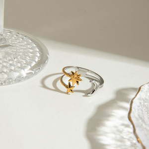 Star Moon Double Layer <b>Open</b> <b>Ring</b> Gold Silver Color Block Geometric Design Unisex Fashion Jewelry Gift - Product Image 2