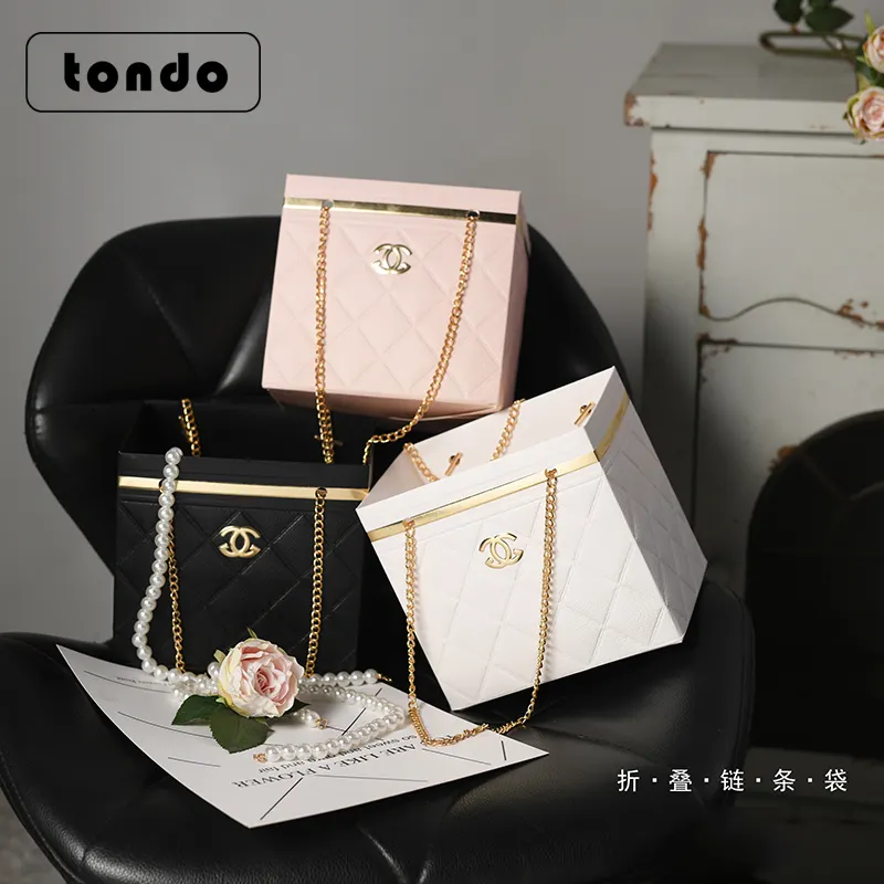Tondo 2pcs/pack Luxurious Floral Packaging Material Folding Flower Box Flower Chain Tote Handle Bag