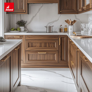 Armoires de cuisine modernes écologiques en noyer noir massif avec inserts personnalisés de style ferme populaire Alland, plan de travail en marbre blanc, salle à manger - Product Image 2