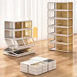 Individuelle stapelbare transparente Acryl-Schuhbox magnetischer Seitenauflage-Speicher-Organisator zusammenklappbares tragbares faltbares Schuhregal