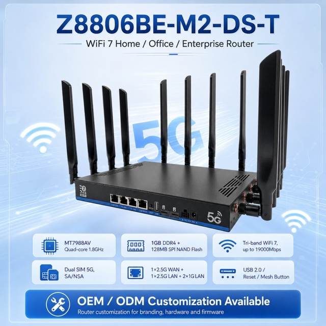 Ultra Fast WiFi 7 Tri-Band Router 19000Mbps MT7988 Quad-Core CPU 2.5G WAN Dual SIM 5G CPE