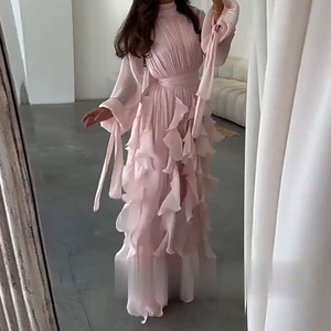 Vestidos Elegantes para Mujer, Recién Llegados, con Volantes, Corte Regular, Maxi, Línea A, Manga Larga, Color Liso, Teñido, Ecológicos - Product Image 1