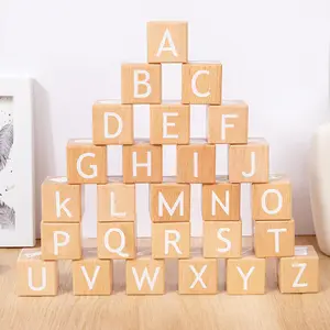 INS Hot Natural Beech Wooden ABC Building Blocks Engraved Baby Alphabet Letters Counting Building Block Set