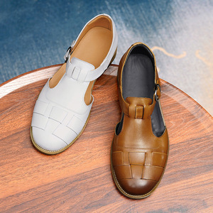 T-Strap Genuine Leather <b>Sandals</b> <b>Closed</b> <b>Toe</b> Buckle Strap Summer Casual Men's Shoes Breathable Rubber Outsole - Product Image 2