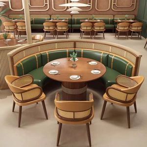 Banqueta de Cuero Verde Bosque con Respaldo de Ratán, Estilo Tropical Chic, Juego de Muebles de Comedor para Restaurante, Juego de Asientos Circulares - Product Image 5