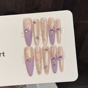 Qianya - Juego <span class=keywords><strong>de</strong></span> <span class=keywords><strong>Uñas</strong></span> Postizas Acrílicas Hechas a Mano, Color Morado Degradado, con <span class=keywords><strong>Diseño</strong></span> <span class=keywords><strong>de</strong></span> Lazo y Mariposa, Talladas en 3D, para Mujer, Venta al por Mayor - Product Image 2