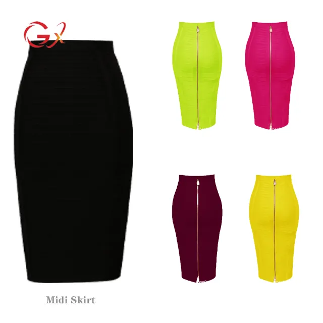 GX888 High quality women's summer new style solid office pencil zipper high waist stretch ladies sexy midi skirt
