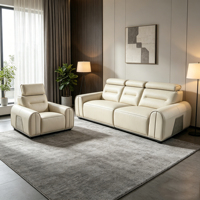 Canapé d'angle moderne et minimaliste en cuir véritable crème avec appui-tête réglable et coussin de dossier ergonomique segmenté - Marque Arleather