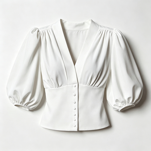 High Quality Women's Summer Elegant V Neck Puff Long Sleeve Chiffon Blouse Front Button Waist Cinched Cropped <b>Shirt</b> - Product Image 3