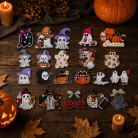 Patch thermocollant thème Halloween, motif fantôme et citrouille, broderie chenille et sequins, bord doré, grande taille, pour décoration de sweat à capuche et sac