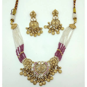Ensemble de collier en or, bijoux Kundan, collier à perles violettes, bijoux ethniques de mariée, boucles d'oreilles Jhumka, ensemble de collier traditionnel. - Product Image 2
