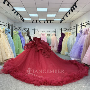 Jancember 6849ヴィンテージレッドパフィー3DフラワーVestidos De 15 Xv Aosドレス列車付き - Product Image 3